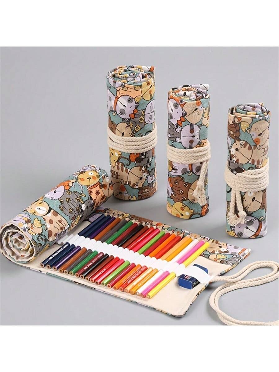 1 pièce Étui à crayons imprimé mignon chat en coton et lin style japonais, avec 12/24/36/48/72 trous pour crayons, crayons de couleur ou stylos de croquis - 36903377