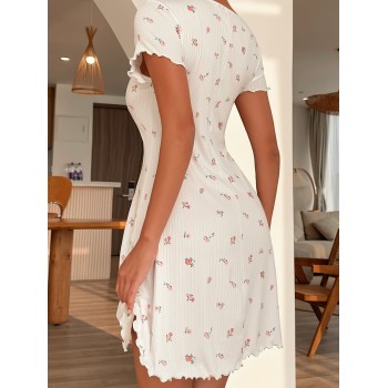 Robe De Nuit Imprimé Floral À Ourlet Ondulé Fendu - 13962844