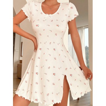 Robe De Nuit Imprimé Floral À Ourlet Ondulé Fendu - 13962844