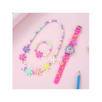 1 pièce Enfant À Détail De Fleur En Silicone Sangle Rond Montre Quartz Cadran & 2 pièces Set De Bijoux Pour Fête - 18318313