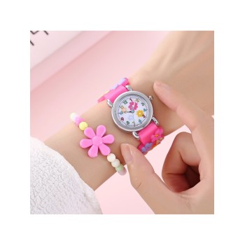 1 pièce Enfant À Détail De Fleur En Silicone Sangle Rond Montre Quartz Cadran & 2 pièces Set De Bijoux Pour Fête - 18318313