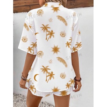 SHEIN VCAY Ensemble ample pour femmes, 2 pièces, chemise à manches courtes imprimée d'yeux et short - 29559104