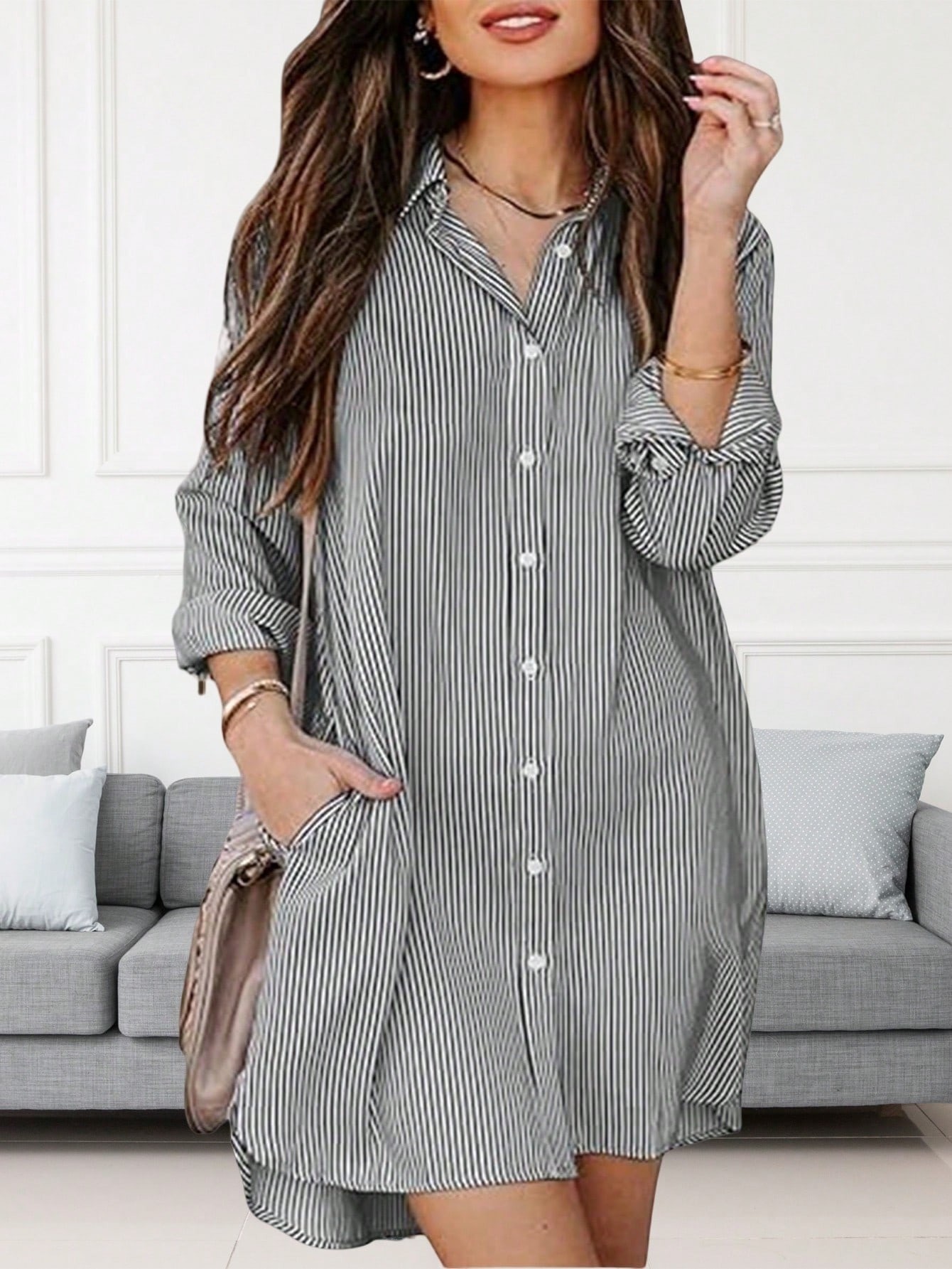 Chemise pour femmes à rayures et à impressions avec boutonnage avant, poches et manches longues - 35267786