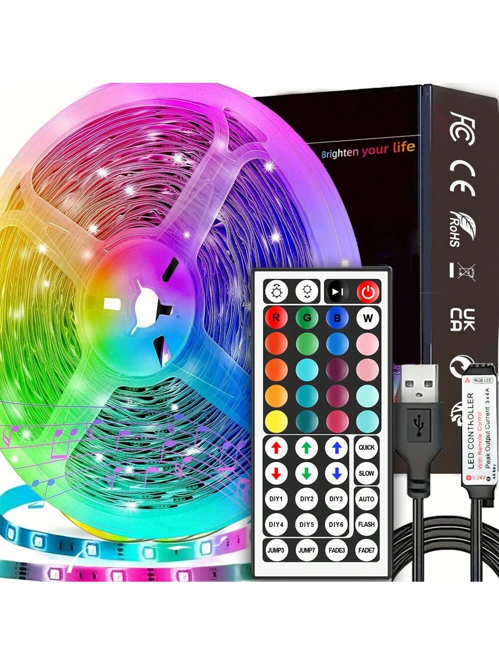 Bande lumineuse LED RVB de 3 à 65 pieds, avec télécommande à 44 touches, peut ajuster la couleur et la luminosité, la longueur peut être coupée, très  e D'ambiance de festival, à la lumière D'ambiance de fête, à la lumière amusante - 18425145