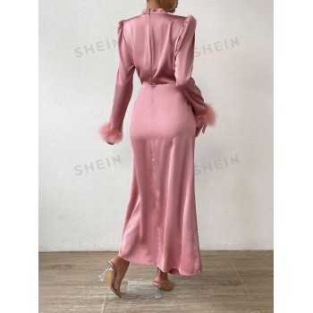 SHEIN Privé Robe Duveteux Manchette À Ruché En Satin - 23025008