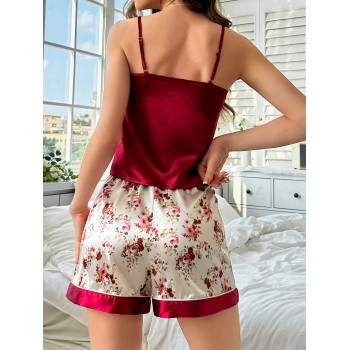 Ensemble Pyjama En Satin Avec Haut Cami Uni Et Short À Bordure Contrastante À Imprimé Floral - 25977032