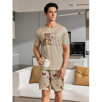 Ensemble Pyjama 2 Pièces Pour Homme, T-shirt Imprimé Lettre Et Ours Dessin Animé Avec Short - 31663957