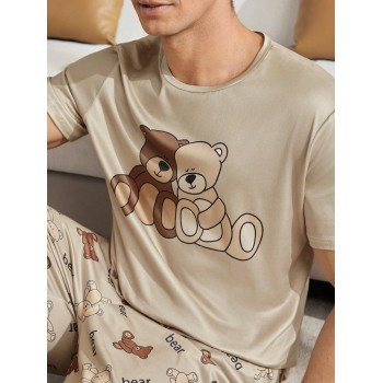 Ensemble Pyjama 2 Pièces Pour Homme, T-shirt Imprimé Lettre Et Ours Dessin Animé Avec Short - 31663957