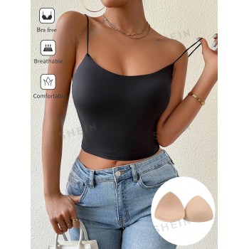 SHEIN Essnce Camisole d'été pour dames décontractée noire sans dos, slim-fit, courte, moulante, avec coussin de poitrine respirable, camisole de base d'été pour femmes, haut de camisole sans soutien-gorge - 33416759