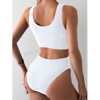 SHEIN Swim Maillot de bain une pièce pour l'été à encolure plongeante avec 1 pièce noeud sur l'avant et une découpe, parfait pour la plage - 36753067