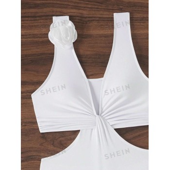 SHEIN Swim Maillot de bain une pièce pour l'été à encolure plongeante avec 1 pièce noeud sur l'avant et une découpe, parfait pour la plage - 36753067