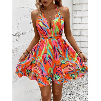 SHEIN VCAY Robe de vacances printemps/été pour femmes avec bordure à volants élégante et gracieuse - 33097317