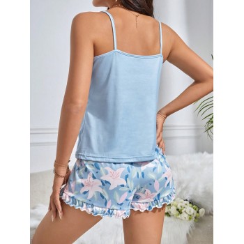 Ensemble pyjama pour femmes, top cami en motif de lys avec short à ourlet volanté, taille standard - 32365564