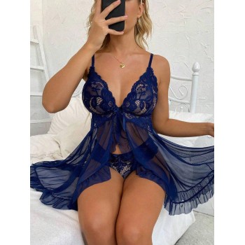 Ensemble De Lingerie Sexy Avec Chemise De Nuit Et Sous-vêtements En Dentelle Fendue - 25284938