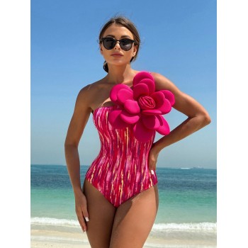 Bikinx Maillot de bain pour femme à imprimé tie-dye avec décoration florale 3D, une épaule, avec jupe de cache-maillot de couleur unie - 29952554