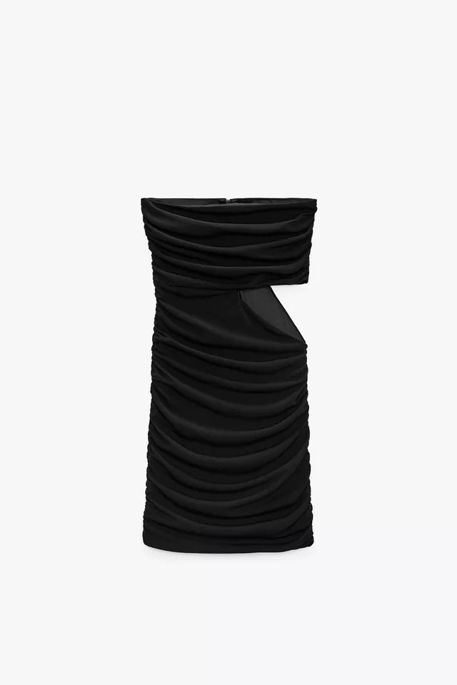 ZARA STRAPLESS DRESS BLACK CUTOUT BODYCON DRAPED MINI