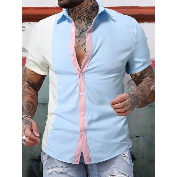 Manfinity Hypemode Chemise casual à manches courtes pour hommes, col rond, coupe large et blocs de couleurs pour l'été - 34582490