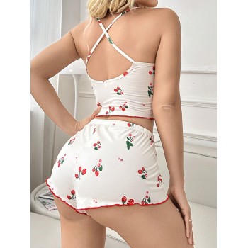 Ensemble pyjama décontracté pour femme avec haut camisole avec nœud décoratif et imprimé de fraise et shorts, blocs de couleur assortis - 36551330