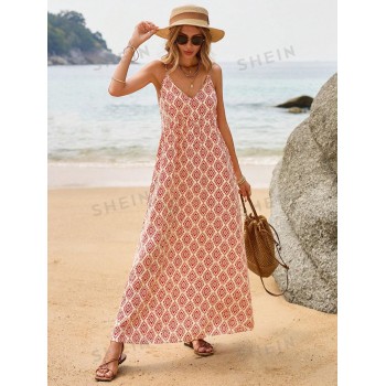 SHEIN Frenchy Robe D'été À Bretelles Spaghetti Imprimée Géométrique Pour Les Vacances - 30356888