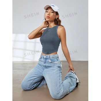 SHEIN EZwear Haut Sans Manches Froncé Vintage Solide À Ourlet Courbé Pour L'été - 31474931