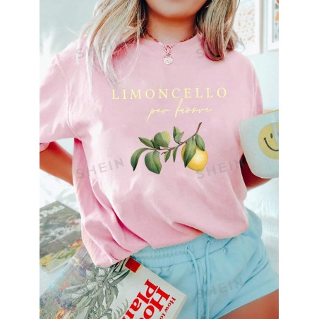 SHEIN Essnce T-shirt d'été décontracté pour femme avec slogan imprimé 'citron' et manches courtes à épaules basses, col rond et coupe ample en couleur rose - 37392334