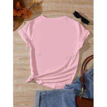 SHEIN Essnce T-shirt d'été décontracté pour femme avec slogan imprimé 'citron' et manches courtes à épaules basses, col rond et coupe ample en couleur rose - 37392334