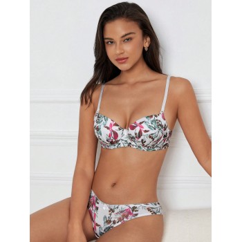 SHEIN DesireSculpt Ensemble de lingerie avec soutien-gorge à armatures et culotte imprimée feuille - 848710