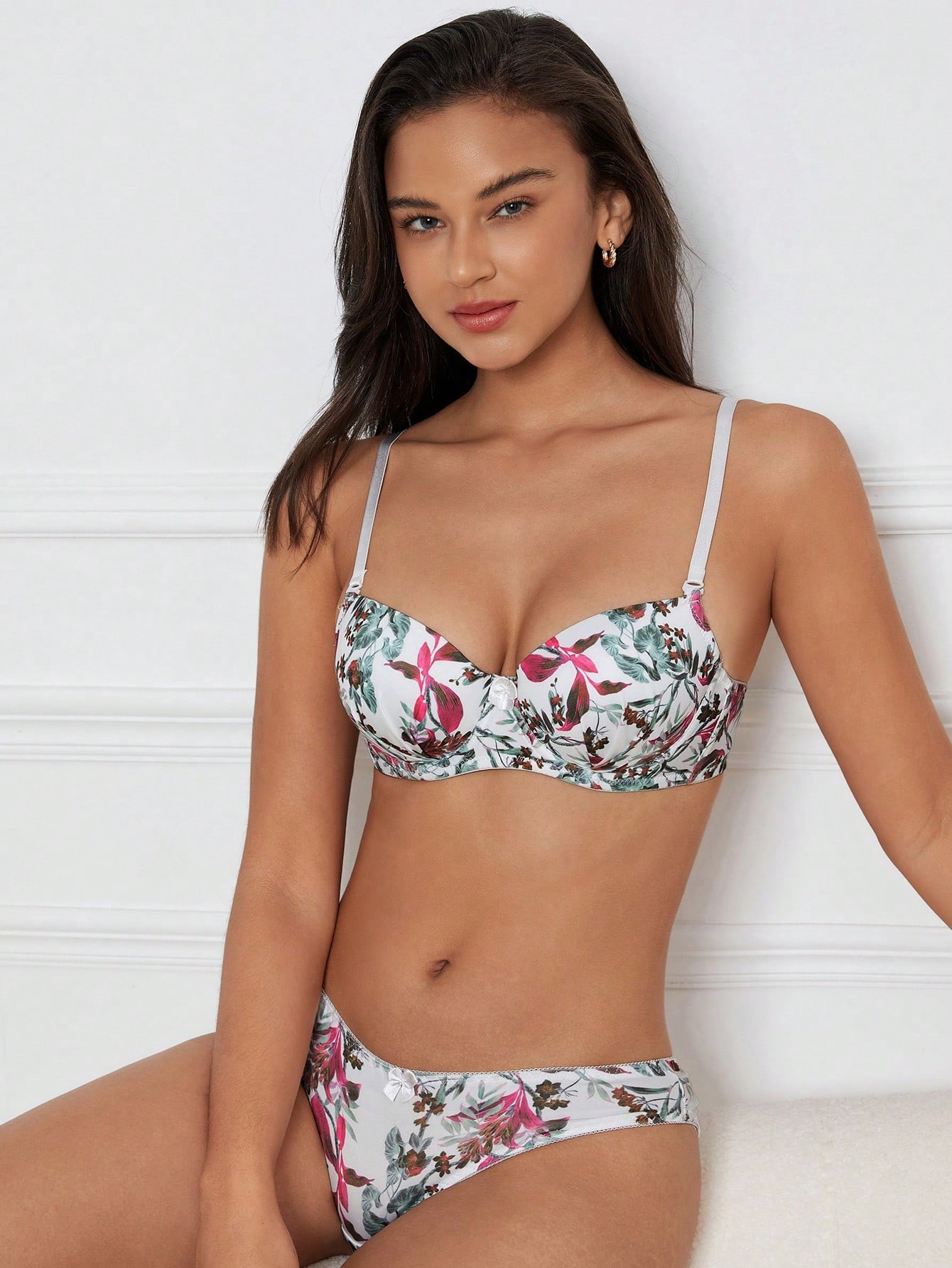 SHEIN DesireSculpt Ensemble de lingerie avec soutien-gorge à armatures et culotte imprimée feuille - 848710