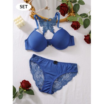 Ensemble de lingerie soutien-gorge push-up brodé de papillon et culotte semi-transparente pour femmes - dentelle contrastée, ajustement confortable, améliore les courbes - 33852819