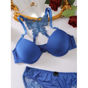 Ensemble de lingerie soutien-gorge push-up brodé de papillon et culotte semi-transparente pour femmes - dentelle contrastée, ajustement confortable, améliore les courbes - 33852819