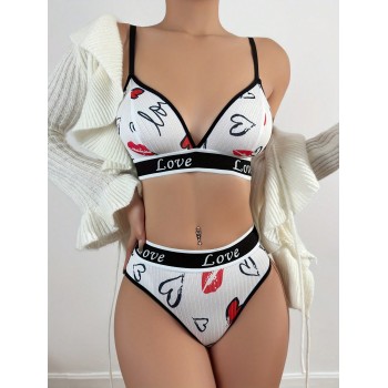 Ensemble de soutiens-gorge pour femmes, imprimé lettre et lèvres, sous-vêtements de bikini confortables et respectueux de la peau avec triangle, adaptés pour le sport - 34562057