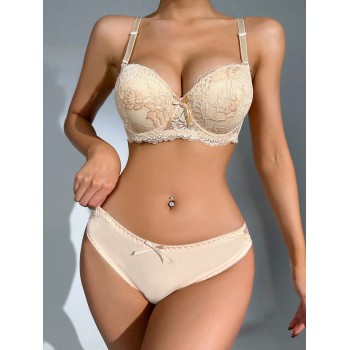 Ensemble de lingerie soutien-gorge sous-fil et culotte en dentelle florale - 2727101