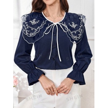 SHEIN Mulvari Chemisier élégant pour femme de printemps / été avec broderie florale, tissu en maille, col à volants et manches évasées - 36095061