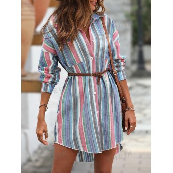 SHEIN LUNE Robe Chemise À Rayures Épaule tombante Asymétrique (Sans Ceinture) - 16567424