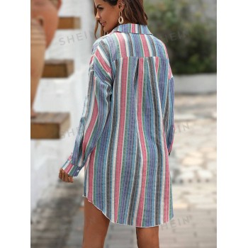 SHEIN LUNE Robe Chemise À Rayures Épaule tombante Asymétrique (Sans Ceinture) - 16567424