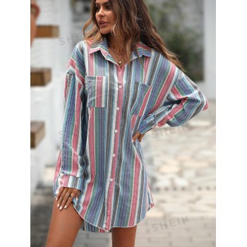 SHEIN LUNE Robe Chemise À Rayures Épaule tombante Asymétrique (Sans Ceinture) - 16567424