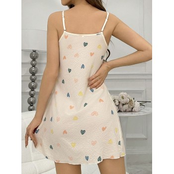 Robe De Nuit À Bretelles Spaghetti V-cou Imprimé Cœur Coloré - 29504974