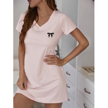 1 pièce Chemise de nuit décontractée pour femmes avec col en V et manches courtes, vêtements de nuit confortables et ajustés pour l'été - 35967639