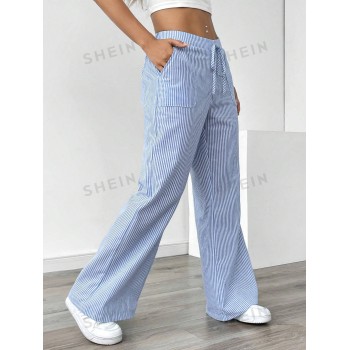 SHEIN Essnce Pantalon large à taille basse pour femmes à rayures bleues pour les vacances, vêtements décontractés - 36023466