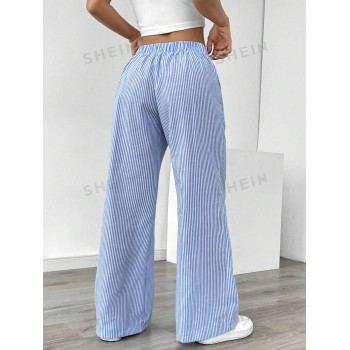 SHEIN Essnce Pantalon large à taille basse pour femmes à rayures bleues pour les vacances, vêtements décontractés - 36023466