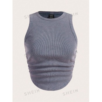 SHEIN EZwear Haut Sans Manches Ajusté, Tricoté Avec Une Bordure Courbe Solide Et Un Rassemblement De Côtes À La Taille Pour L'été - 23307283