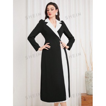 SHEIN Modely Robe Enveloppante Plissée Avec Patchwork À Col Plaqué Colorblock Pour Femme - 27880303