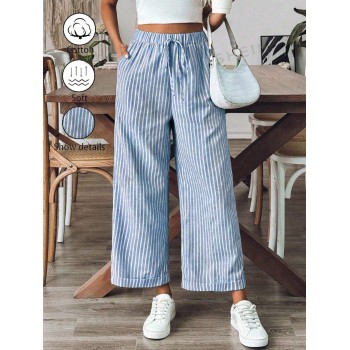 SHEIN VCAY Pantalon décontracté à jambes droites pour femmes avec rayures, idéal pour les vacances - 35538290