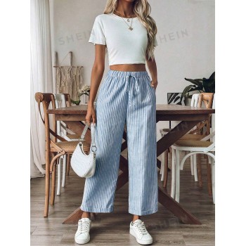 SHEIN VCAY Pantalon décontracté à jambes droites pour femmes avec rayures, idéal pour les vacances - 35538290