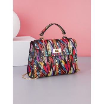 Mini Sac Carré À Chaîne À Bandoulière Avec Poignée Supérieure Imprimée Tendance Et Imprimé Multicolore Pour Femme - 16201371