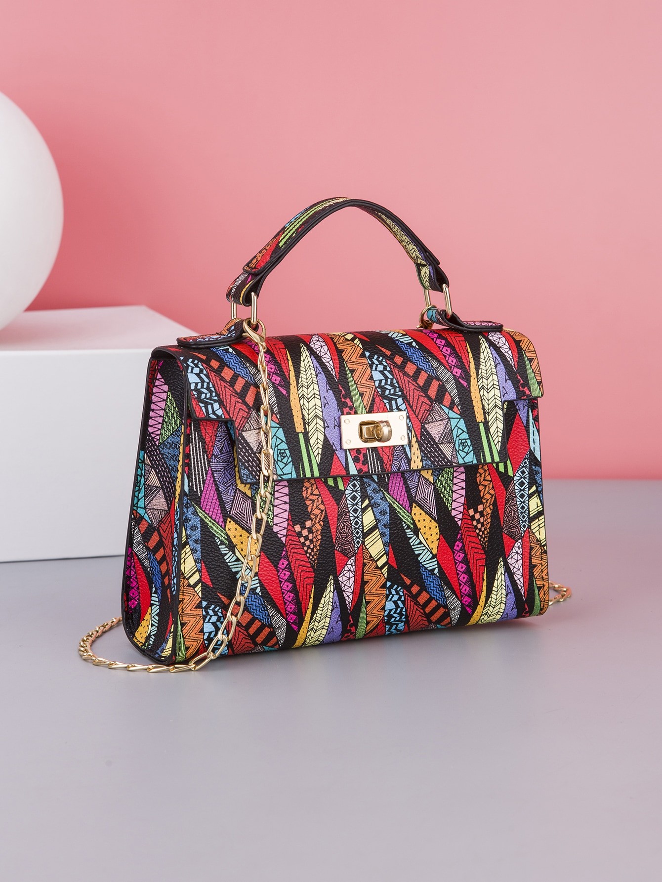 Mini Sac Carré À Chaîne À Bandoulière Avec Poignée Supérieure Imprimée Tendance Et Imprimé Multicolore Pour Femme - 16201371