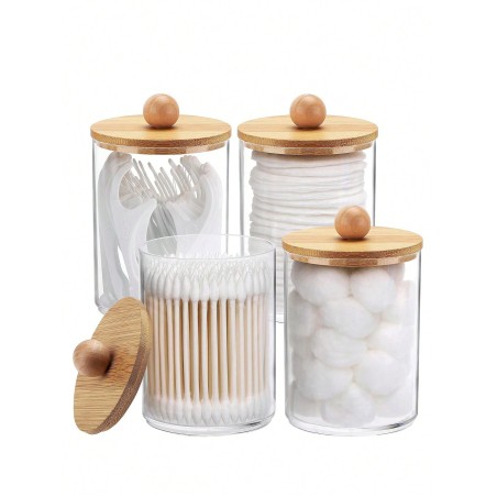 4 pièces Accessoires avec couvercle en bambou titulaire de distributeur pour tampon, rondelle, fil dentaire, etc. - ensemble de bocaux de distribution lle de bain/cuisine - 33176330