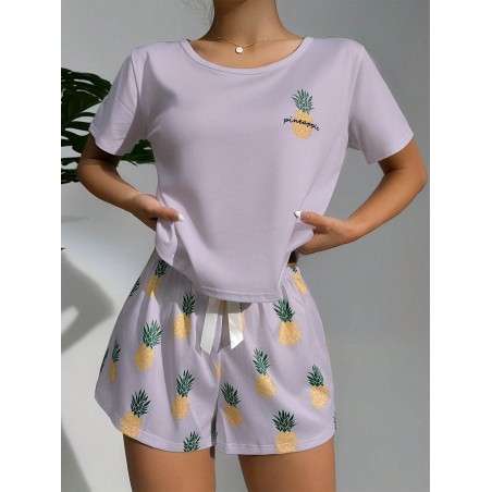 Imprimé Ananas T-shirt & À Nœud Papillon Short Ensemble De Pyjama - 20343517