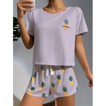 Imprimé Ananas T-shirt & À Nœud Papillon Short Ensemble De Pyjama - 20343517