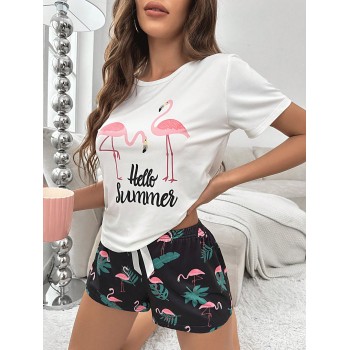 Ensemble pyjama short & t-shirt flamant & graphique de slogan - 15602905